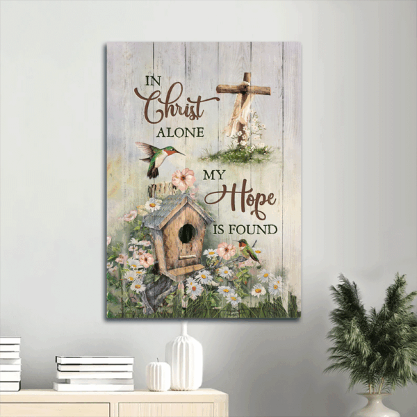 Jesus Portrait Poster Home Decor Gift – Christian Wall Art with Birdhouse Wooden Cross & Hummingbird – In Christ Alone Hope Found
