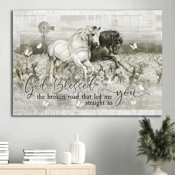 God Blessed Black and White Horse Landscape Poster – Christian Gift Home Decor