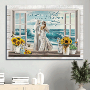 Jesus Landscape Poster - Beautiful Woman & Ocean Wave Decor Gift for Christian - Walk by Faith