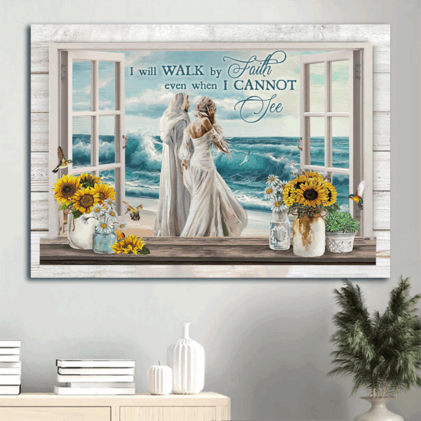 Jesus Landscape Poster – Beautiful Woman & Ocean Wave Decor Gift for Christian – Walk by Faith