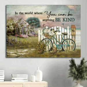 Jesus Landscape Poster Home Decor Gift - Bicycle Drawing Daisy Flower Wicker Baskets Pergola with Wisteria - Gift For Christian - Be Kind