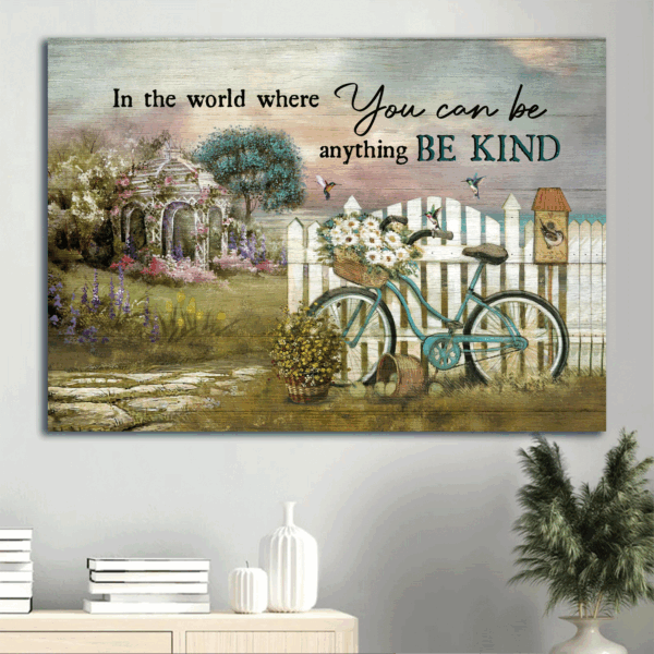 Jesus Landscape Poster Home Decor Gift – Bicycle Drawing Daisy Flower Wicker Baskets Pergola with Wisteria – Gift For Christian – Be Kind