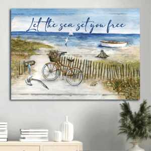 Christian Home Decor Gift: Jesus & Seagull Landscape Posters - Bicycle Drawing Blue Ocean Painting - Let the Sea Set You Free