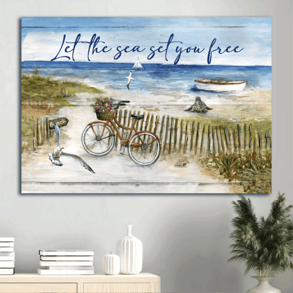 Christian Home Decor Gift: Jesus & Seagull Landscape Posters – Bicycle Drawing Blue Ocean Painting – Let the Sea Set You Free