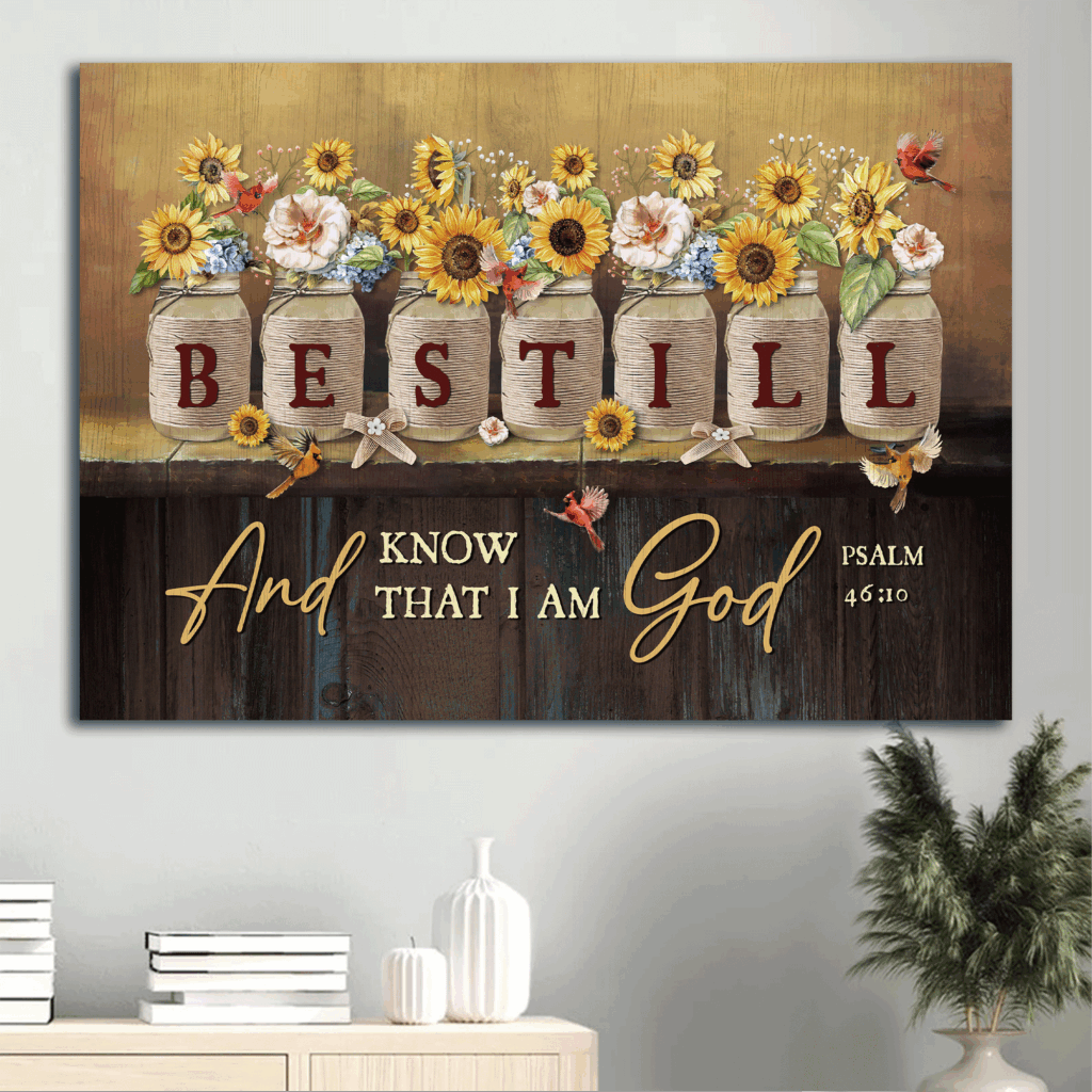 Christian Landscape Poster Home Decor Gift – Be Still & Know I Am God – Sunflower Jars Red Cardinal – Bible Verse Wall Art Christian Landscape Poster Home Decor Gift – Be Still & Know I Am God – Sunflower Jars Red Cardinal – Bible Verse Wall Art