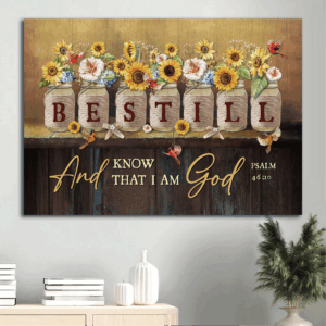 Christian Landscape Poster Home Decor Gift - Be Still & Know I Am God - Sunflower Jars Red Cardinal - Bible Verse Wall Art
