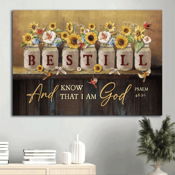 Christian Landscape Poster Home Decor Gift – Be Still & Know I Am God – Sunflower Jars Red Cardinal – Bible Verse Wall Art