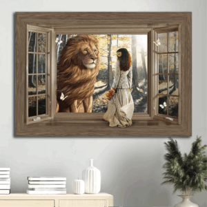 Jesus Landscape Poster Home Decor Gift - Beautiful Lion Wooden Window Pretty Girl Sunny Day - Christian Gift