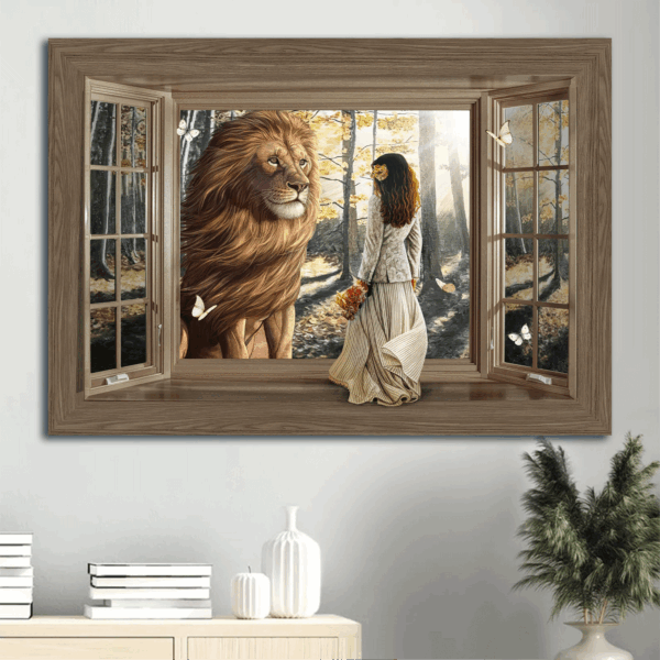 Jesus Landscape Poster Home Decor Gift – Beautiful Lion Wooden Window Pretty Girl Sunny Day – Christian Gift