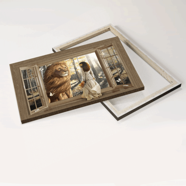 Jesus Landscape Poster Home Decor Gift – Beautiful Lion Wooden Window Pretty Girl Sunny Day – Christian Gift