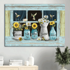 Jesus Landscape Poster Home Decor Gift - Sunflower & Daisy Drawing - Gift for Christian - Grateful Heart