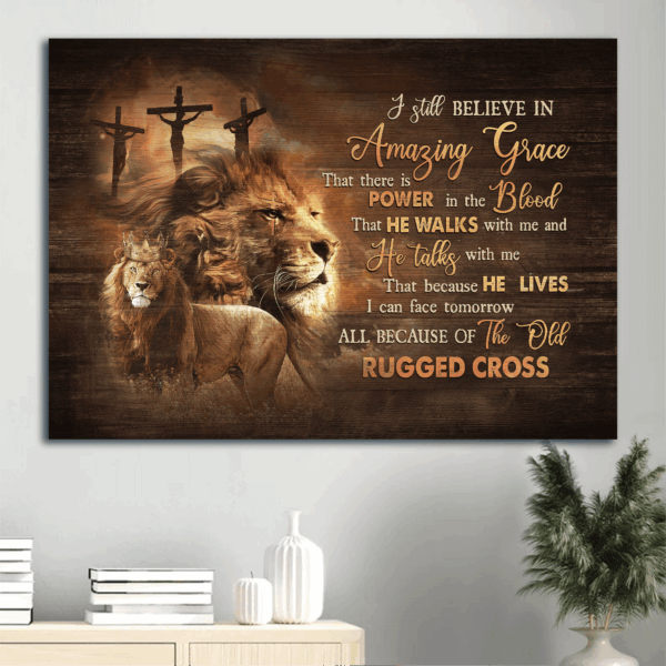 Jesus Lion & Golden Crown Landscape Poster – Christian Home Decor Gift with Amazing Grace
