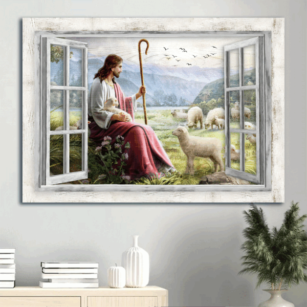 Jesus Landscape Poster Home Decor Gift – Meadow & Lamb of God Sunset Art – Ideal Gift for Christian