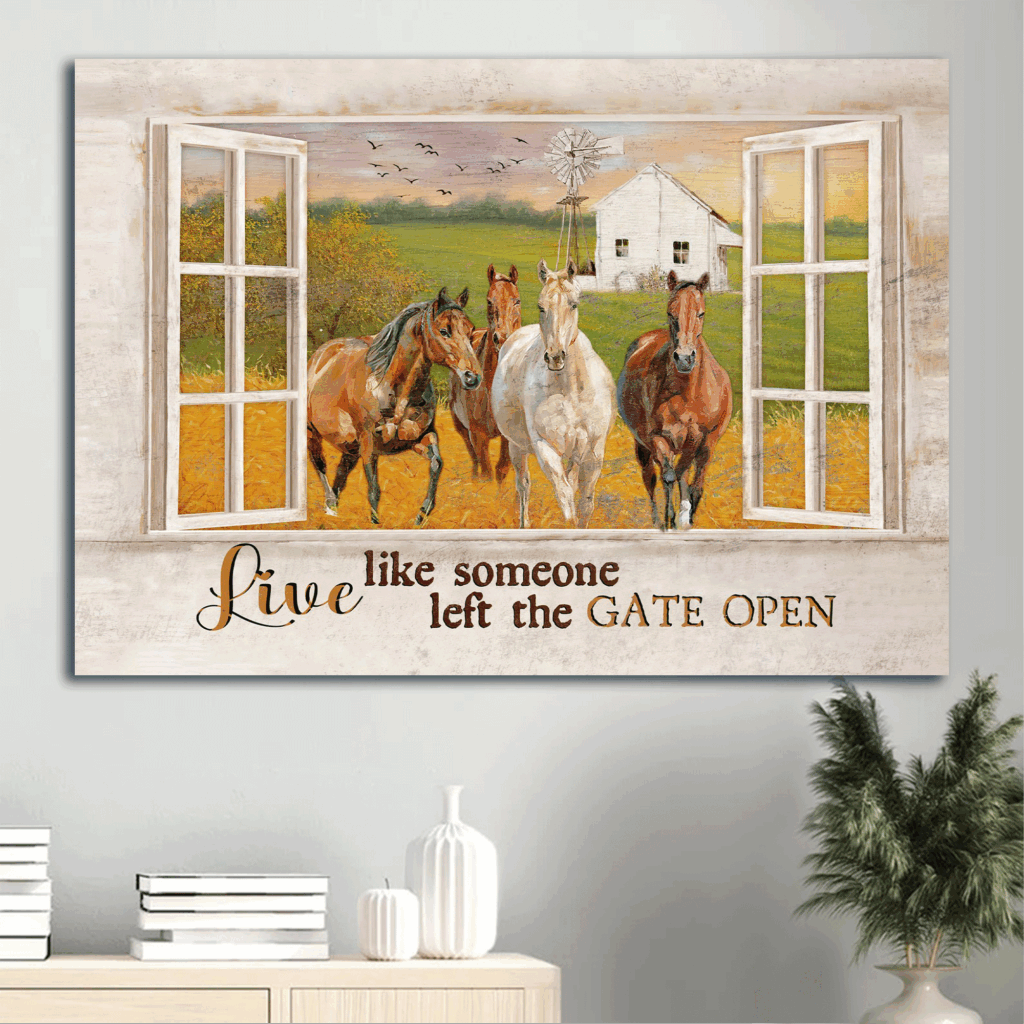 Jesus Landscape & Windmill Poster – Christian Home Decor Gift with Quarter Horse – Live Like Someone Left the Gate Open
