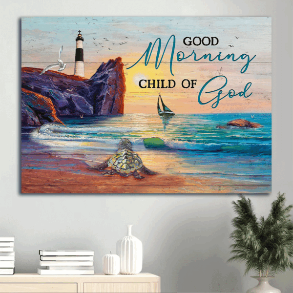Jesus Sunset Turtle Ocean Landscape Poster – Christian Home Decor Gift