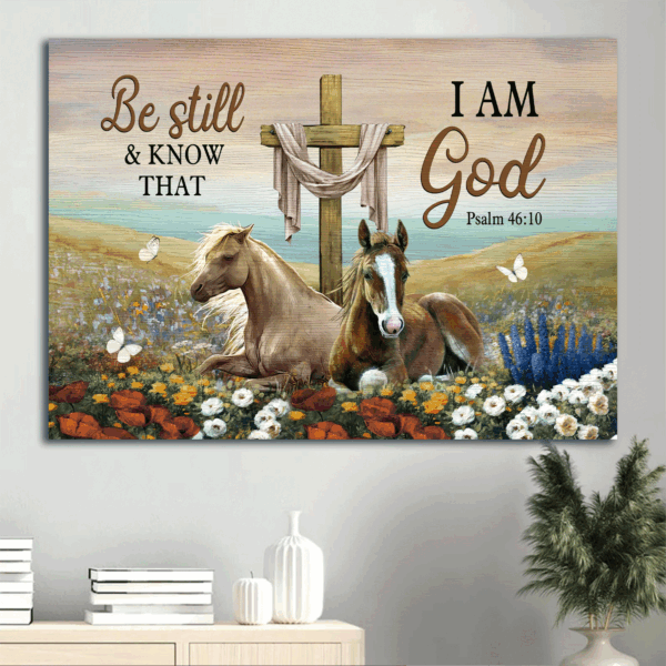 Be Still and Know Jesus Landscape Poster: Beautiful Horses Cross Flower Field  Poster Home Decor Gift – Christian Home Decor Gift