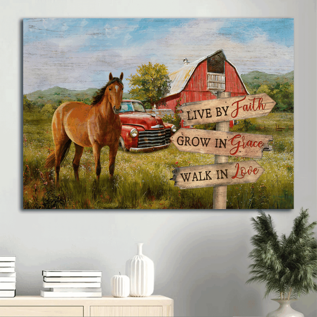 Christian Home Decor Gift: Jesus Landscape Poster with Beautiful Horse Drawing and Red House Poster Home Decor Gift – Live by Faith Grow in Grace Walk in Love Christian Home Decor Gift: Jesus Landscape Poster with Beautiful Horse Drawing and Red House Poster Home Decor Gift – Live by Faith Grow in Grace Walk in Love