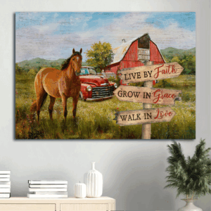Christian Home Decor Gift: Jesus Landscape Poster with Beautiful Horse Drawing and Red House  Poster Home Decor Gift - Live by Faith Grow in Grace Walk in Love