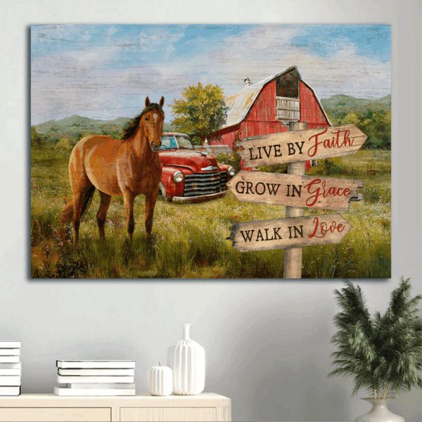 Christian Home Decor Gift: Jesus Landscape Poster with Beautiful Horse Drawing and Red House  Poster Home Decor Gift – Live by Faith Grow in Grace Walk in Love