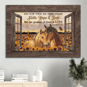 Jesus Landscape Poster: Beautiful Horses Sunflower Field Sunset  Poster Home Decor Gift - Christian Home Decor Gift