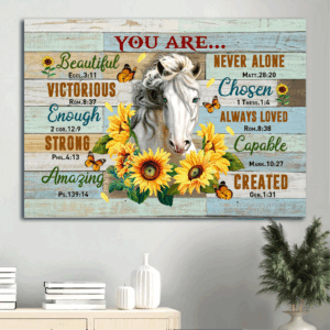 Jesus Landscape Poster: Christian Home Decor Gift - Horse & Sunflower  Poster Home Decor Gift - You Are Victorious Strong Never Alone Always Loved