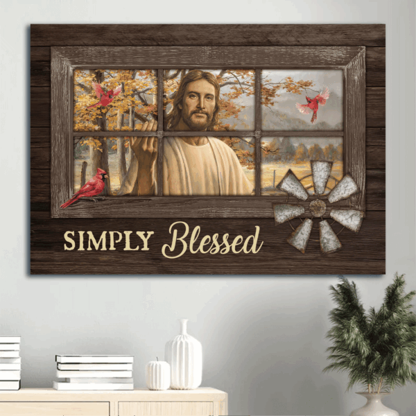 Jesus Landscape Poster: Beautiful Home Decor Gift for Christians – Autumn Forest Red Cardinal – Simply Blessed