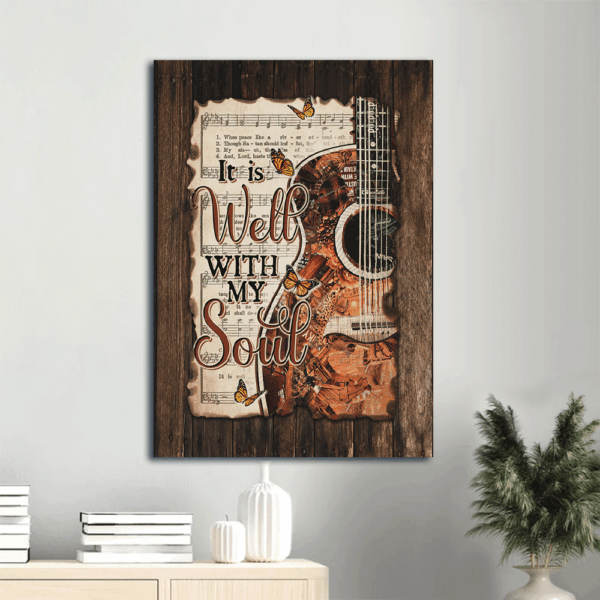 Jesus Portrait Poster Home Decor Gift – Beautiful Guitar Monarch Butterfly Music Sheet  Poster Home Decor Gift – Gift for Christian – It is Well with My Soul Art Print