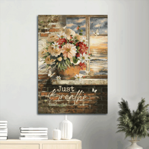 Christian Home Decor Gift: Jesus Portrait  Poster Home Decor Gift with White Peony Ocean View and White Butterfly - Just Breathe