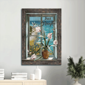 Jesus Portrait Poster Home Decor Gift - Beautiful Flower Vase Blue Ocean Sunny Day Hummingbird - Gift For Christian - Just Breathe