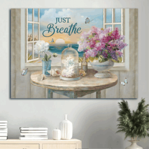 Jesus Landscape Poster: Stunning Home Decor Gift with Flowers Seashells Coral Sunrise Butterfly Painting  Poster Home Decor Gift - Perfect Christian Gift - Just Breathe