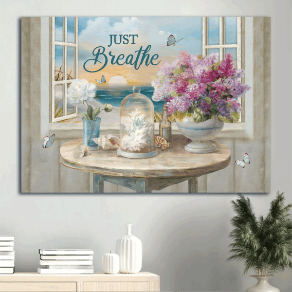 Jesus Landscape Poster: Stunning Home Decor Gift with Flowers Seashells Coral Sunrise Butterfly Painting  Poster Home Decor Gift – Perfect Christian Gift – Just Breathe