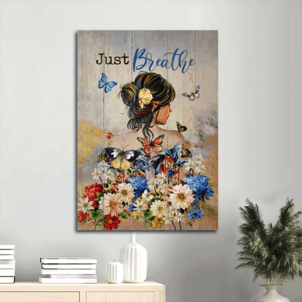 Jesus Portrait Poster Home Decor Gift – Beautiful Girl Colorful Butterfly & Flowers Garden  Poster Home Decor Gift – Perfect Christian Gift