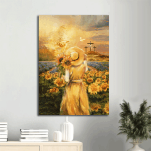 Jesus Portrait Poster Home Decor Gift - Beautiful Girl in Sunflower Field - Cross Symbol  Poster Home Decor Gift - Perfect Gift for Christian