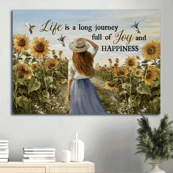 Jesus Landscape Poster Home Decor Gift – Beautiful Girl Sunflower Field Hummingbirds  Poster Home Decor Gift – Christian Gift for Life s Journey