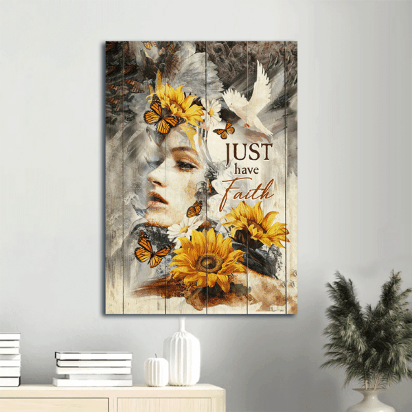 Jesus Portrait Poster Home Decor Gift – Beautiful Girl Sunflower Drawing Flying Dove  Poster Home Decor Gift – Gift for Christian – Just Have Faith
