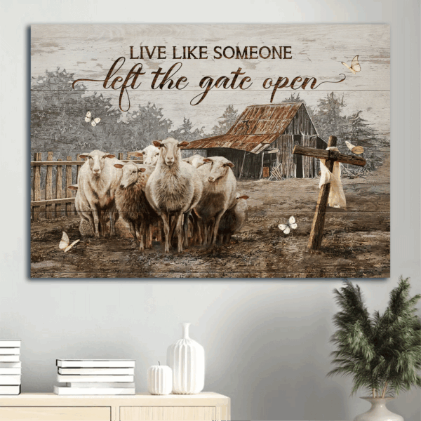 Jesus Landscape Poster Home Decor Gift – Beautiful Goat Painting with Wooden Cross and White Butterfly  Poster Home Decor Gift – Gift for Christian