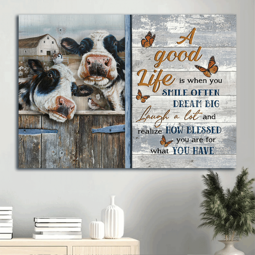 Jesus Landscape Poster Home Decor Gift – Beautiful Dairy Cow & Old Farm Scene – Gift for Christian – Smile Often for a Good Life Jesus Landscape Poster Home Decor Gift – Beautiful Dairy Cow & Old Farm Scene – Gift for Christian – Smile Often for a Good Life