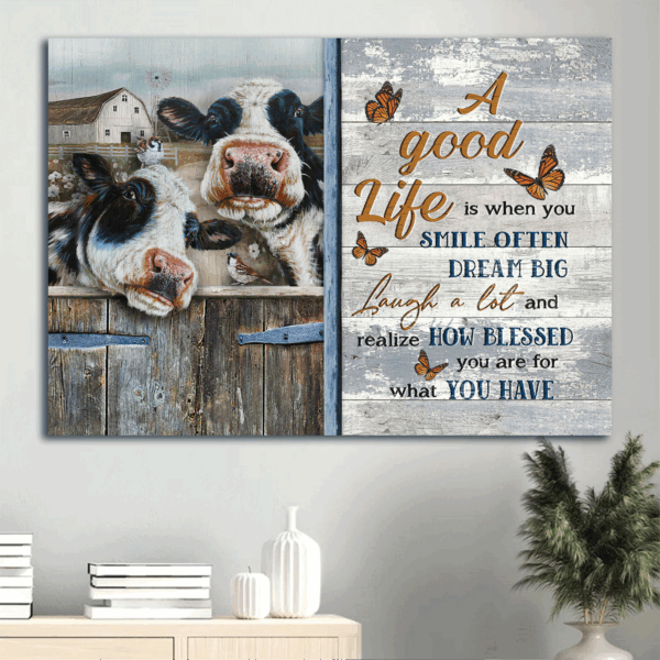 Jesus Landscape Poster Home Decor Gift – Beautiful Dairy Cow & Old Farm Scene – Gift for Christian – Smile Often for a Good Life