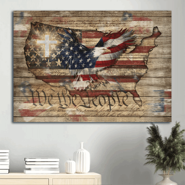 Jesus Landscape Poster with Eagle Painting White Cross US Flag – Christian Home Decor Gift – We The People