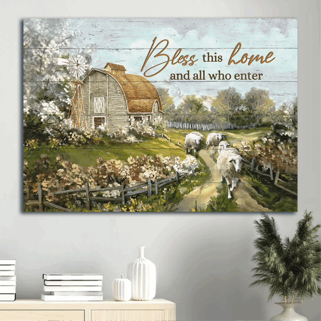 Vintage Jesus Landscape Poster: Farm Sheep Drawing Home Decor Gift for Christian – Bless This House Vintage Jesus Landscape Poster: Farm Sheep Drawing Home Decor Gift for Christian – Bless This House