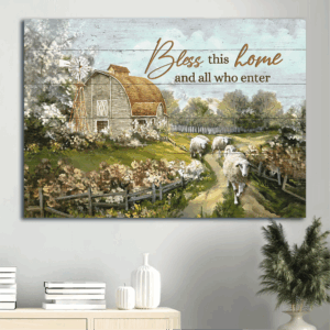Vintage Jesus Landscape Poster: Farm Sheep Drawing Home Decor Gift for Christian - Bless This House