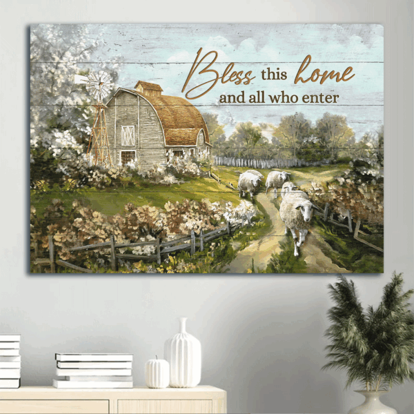 Vintage Jesus Landscape Poster: Farm Sheep Drawing Home Decor Gift for Christian – Bless This House