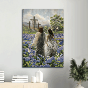 Jesus Portrait Poster Home Decor Gift - Stunning Purple Hydrangea Field Walking With Jesus & Pretty Girl - Perfect Gift For Christians