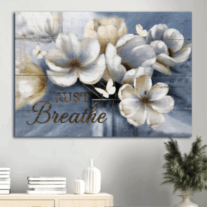 Christian Home Decor Gift: Jesus Landscape Poster with Flowers Blue Background and Butterfly - Just Breathe
