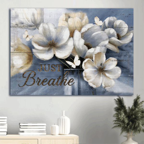 Christian Home Decor Gift: Jesus Landscape Poster with Flowers Blue Background and Butterfly – Just Breathe