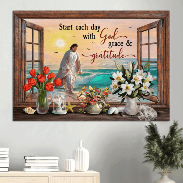 Jesus Landscape Poster Home Decor Gift – Beautiful Beach & Flower Vase – Gift For Christian – Start Each Day with God Grace & Gratitude