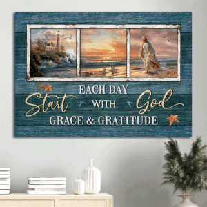 Jesus Beach Sunset Landscape Poster Home Decor Gift for Christian - Start Each Day with God
