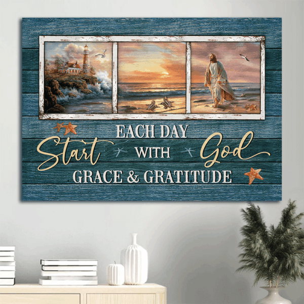 Jesus Beach Sunset Landscape Poster Home Decor Gift for Christian – Start Each Day with God
