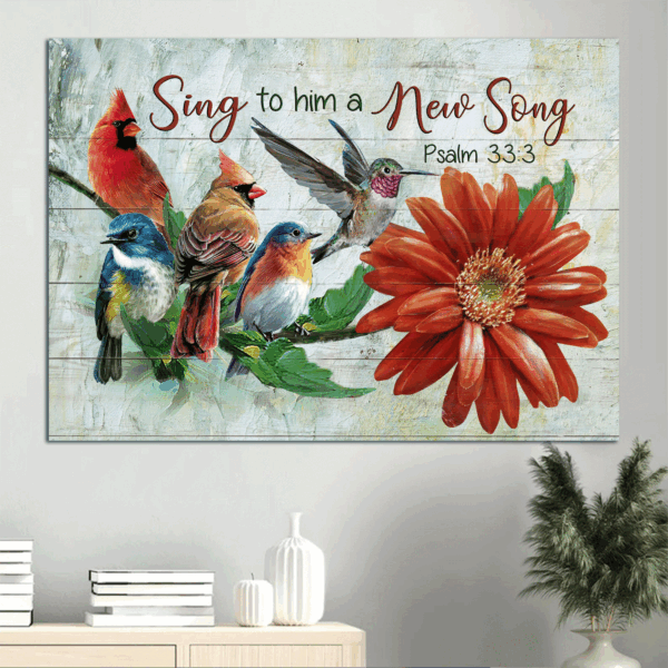 Jesus Landscape Poster Home Decor Gift – Colorful Birds & Red Flowers – Christian Gift – Sing a New Song