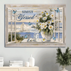 Jesus Landscape Poster - Beach & Daisy Vase Summer Painting Home Decor Gift for Christians